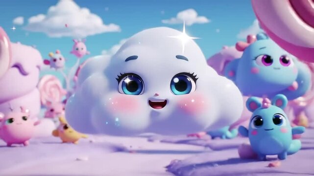 Happy cloud character in candy land; animation background, kids' content