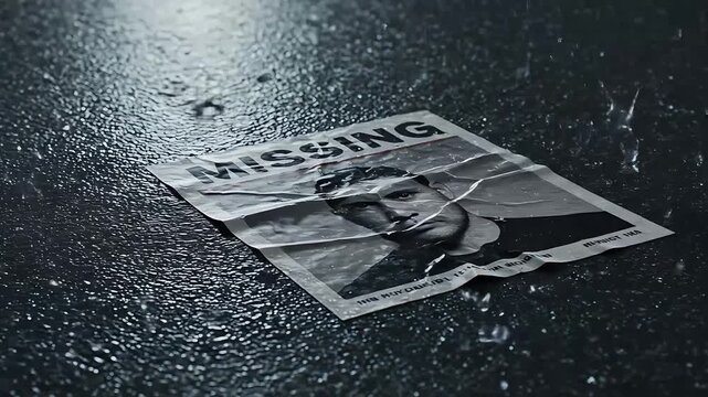 Missing Person Poster on Wet Street Surface in the Rain with Moody Lighting