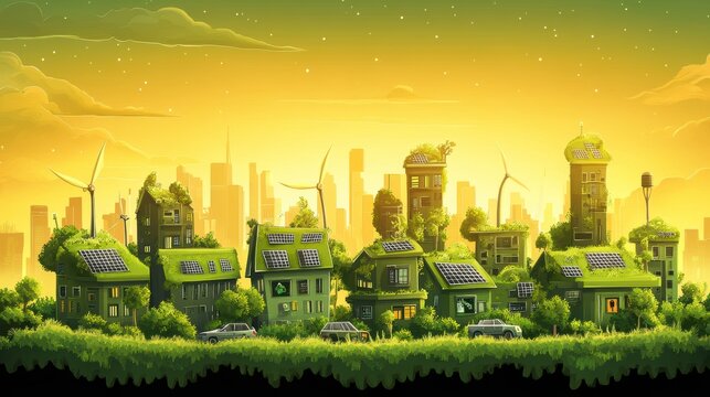 Eco-friendly cityscape at sunset, buildings covered in plants and solar panels, wind turbines.