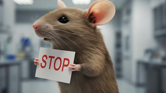 Brown Mouse Holding Stop Sign Against A Blurred Laboratory Backdrop Advocating Against Animal Testing