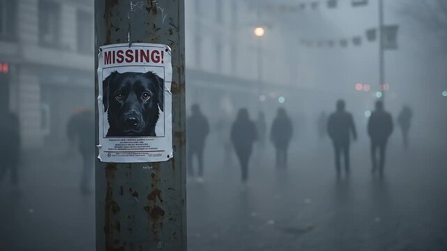 Missing Dog Poster On A Rusty Pole With People In A Foggy Street Scene Featuring A Black Dog And Dramatic Lighting