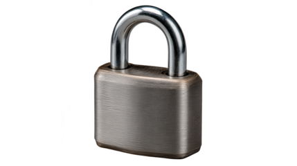 A metallic silver padlock is isolated on transparent background, representing security and safety with its sturdy design