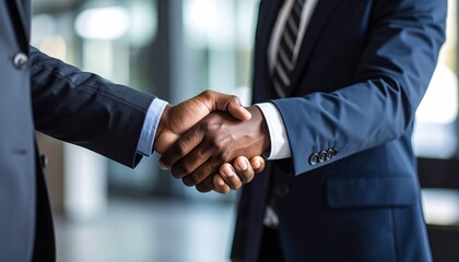 Two business professionals shaking hands, symbolizing agreement and partnership in an office setting.
