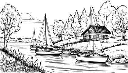 Scenic Line Art: Lakeside Cabin Retreat with Sailboats on Tranquil Water