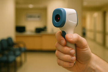 A hand holding a non-contact infrared forehead thermometer in a clinic or hospital waiting area.