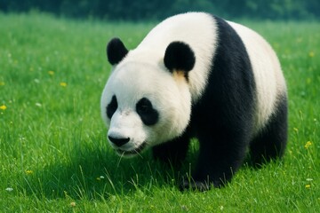 Naklejka premium Giant panda walking on green grass field with soft sunlight and forest background, showcasing natural wildlife scene in daylight setting. Ai generative
