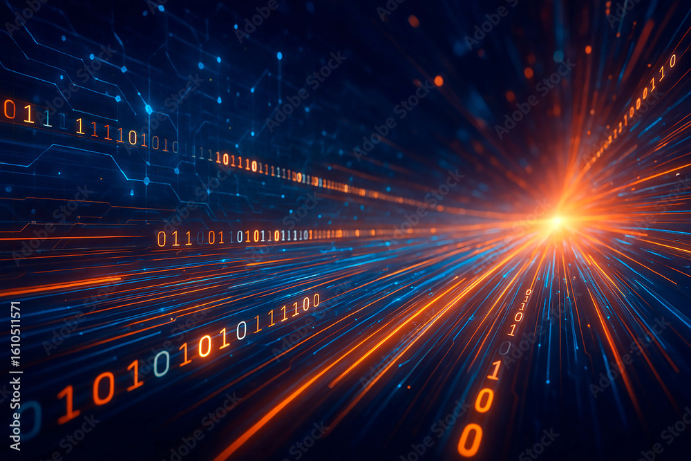Wall mural abstract background featuring streams of binary code in orange and blue, converging towards a bright
