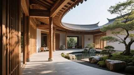 Traditional Japanese Courtyard with Wooden Architecture and Serene Garden