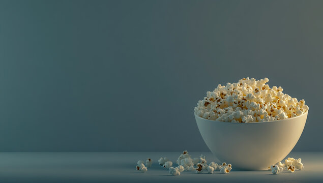 On the right is a picture of a bowl full of popcorn, with several popcorn pieces scattered on a gray background.