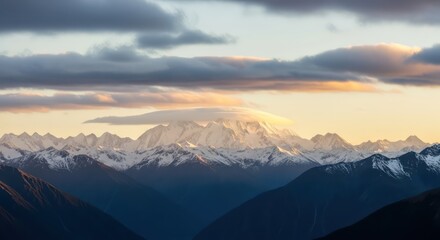 Snowy mountain range under cloudy sky at sunrise
