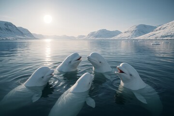 Group of beluga whales in icy arctic waters with snowy mountain background and soft sunlight, showcasing wildlife interaction and natural beauty. Ai generative