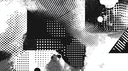 Abstract black and white geometric pattern with halftone textures and grunge elements.
