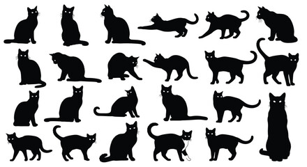 Black Cat Silhouette Collection with Various Poses on a White Background Perfect for Halloween Designs and Pet Related Projects