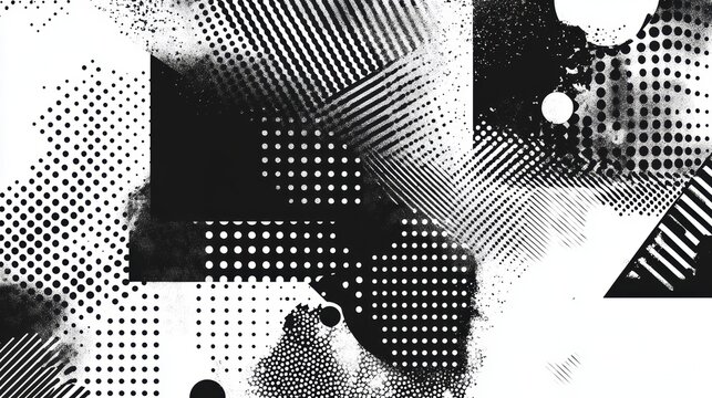 Abstract black and white geometric pattern with halftone textures and grunge elements. - Powered by Adobe