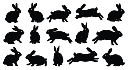 Obraz premium Black Rabbit Silhouette Collection Set on White Background for Easter and Spring Holidays Designs Vector Illustration