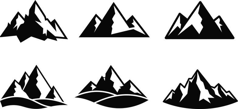 Vector art of a collection of mountain peak icons and symbols in silhouette