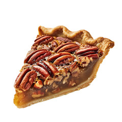A slice of pecan pie with a golden crust and rich, caramelized filling.