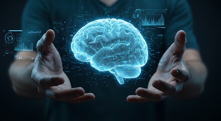 Glowing Brain in Hands with Futuristic Blue Interface