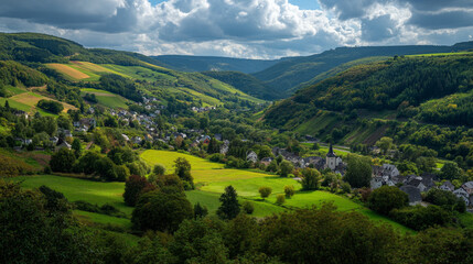 Aerial view of a lush green valley with a small village nestled among the trees and hills