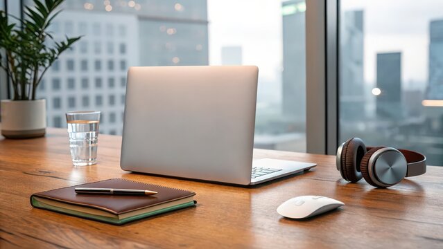 Work from home office setup with laptop computer and headphones on wooden desk near window view building