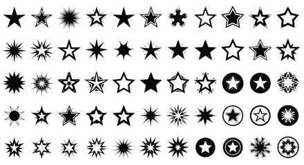 Variety of star shapes icons starburst collection black vector illustration different star designs festive celebration design elements and graphic resources