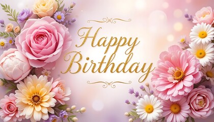 Elegant Floral Happy Birthday Greeting Card with Pink Roses, Daisies, and Assorted Blooms - Perfect for Celebrations and Special Wishes