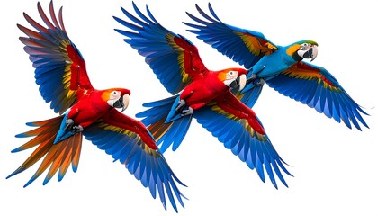 Obraz premium Three vibrant macaws in flight against a white background, showcasing their colorful plumage
