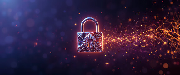 high quality cyber security protection theme pop up intricate details diamond shine lock in silver gradient , minimalist, shimmering Quincy style dark purple background, high tech, futuristic theme, c