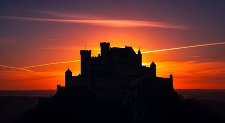 Obraz premium Majestic castle silhouette against a vibrant sunset sky with contrails
