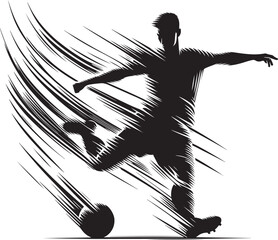  A dynamic silhouette depicts a soccer player energetically kicking a ball, emphasizing movement and action. The illustration utilizes bold lines to convey speed.eps