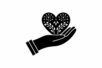 Hand holding heart vector silhouette illustration isolated on white background