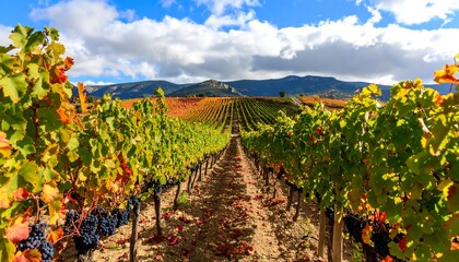 Scenic vineyard landscape with vibrant fall foliage and distant mountains