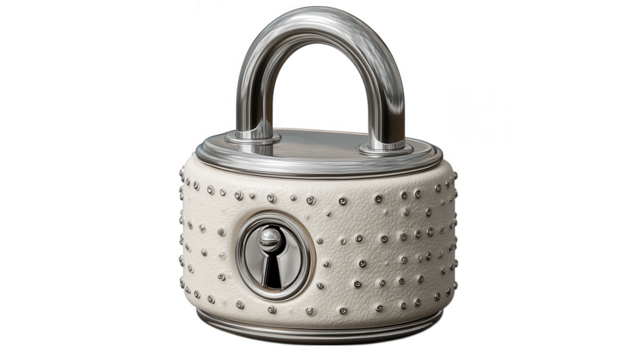 An ornate white and silver padlock isolated on transparent background, a decorative security device with a unique design