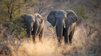 Fototapeta premium Two elephants walking through tall grass in a dry african landscape on a sunny day