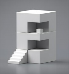 Geometric Abstraction: A minimalist composition of interconnected white cuboids, showcasing a study in form and light. Simple design with staircase adds depth. 
