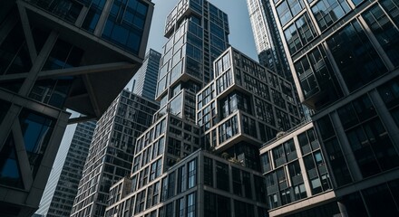 Fototapeta premium Modern Architectural Marvels: Geometric Glass Facades of Contemporary Skyscrapers