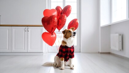 Dog with red heart balloons