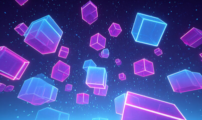 neon geometric cubes and triangles in space