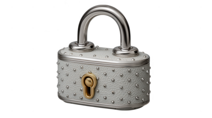 A white and silver decorative padlock isolated on transparent background, featuring a gold keyhole and studded design