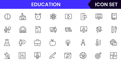 Fototapeta premium Education vector line icons featuring books, graduation caps, classrooms, teachers, students, online learning, diplomas, study tools, and knowledge sharing symbols.
