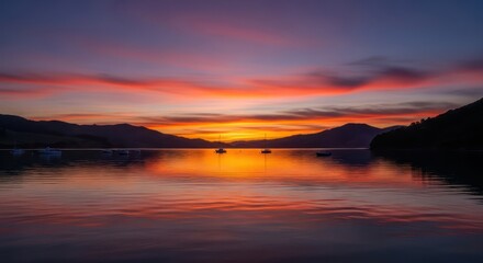 Obraz premium Sunset over calm lake reflects vibrant colors and distant mountains