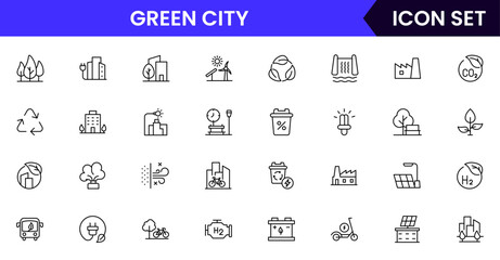 Green city vector line icons featuring sustainable buildings, trees, renewable energy, clean transport, recycling, parks, eco-friendly infrastructure, and urban nature integration.
