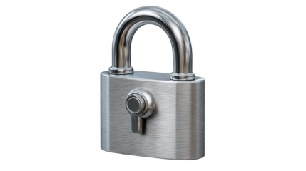A modern silver padlock with a fingerprint scanner is isolated on transparent background, ensuring high security