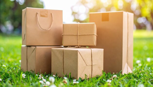 Eco-Friendly Packages Resting on Lush Green Grass