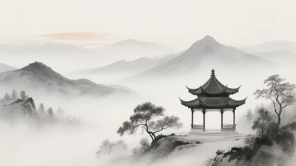 Traditional Pavilion Amidst Misty Mountains