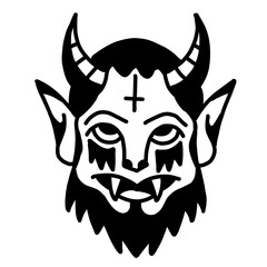 Inverted cross demon face with horns and beard. Occult, dark, edgy illustration