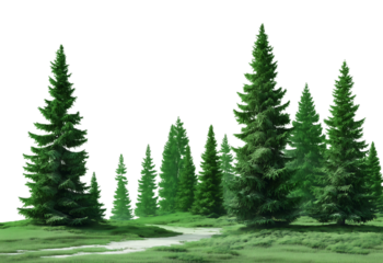 Scenic coniferous forest with tall trees isolated on a transparent background