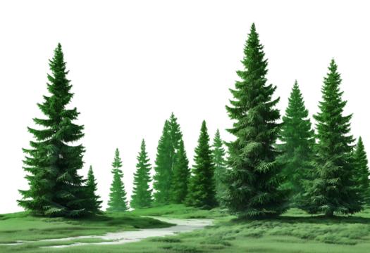 Scenic coniferous forest with tall trees isolated on a transparent background