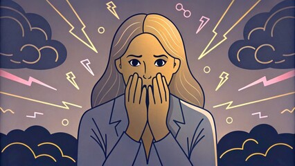 Menopause symptoms concept. A woman covers her face, expressing fear amidst a stormy background with lightning and dark clouds.