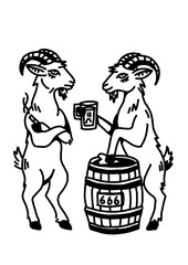 Two rebellious goats drinking with a 666 barrel. Quirky, cool, and edgy animal art